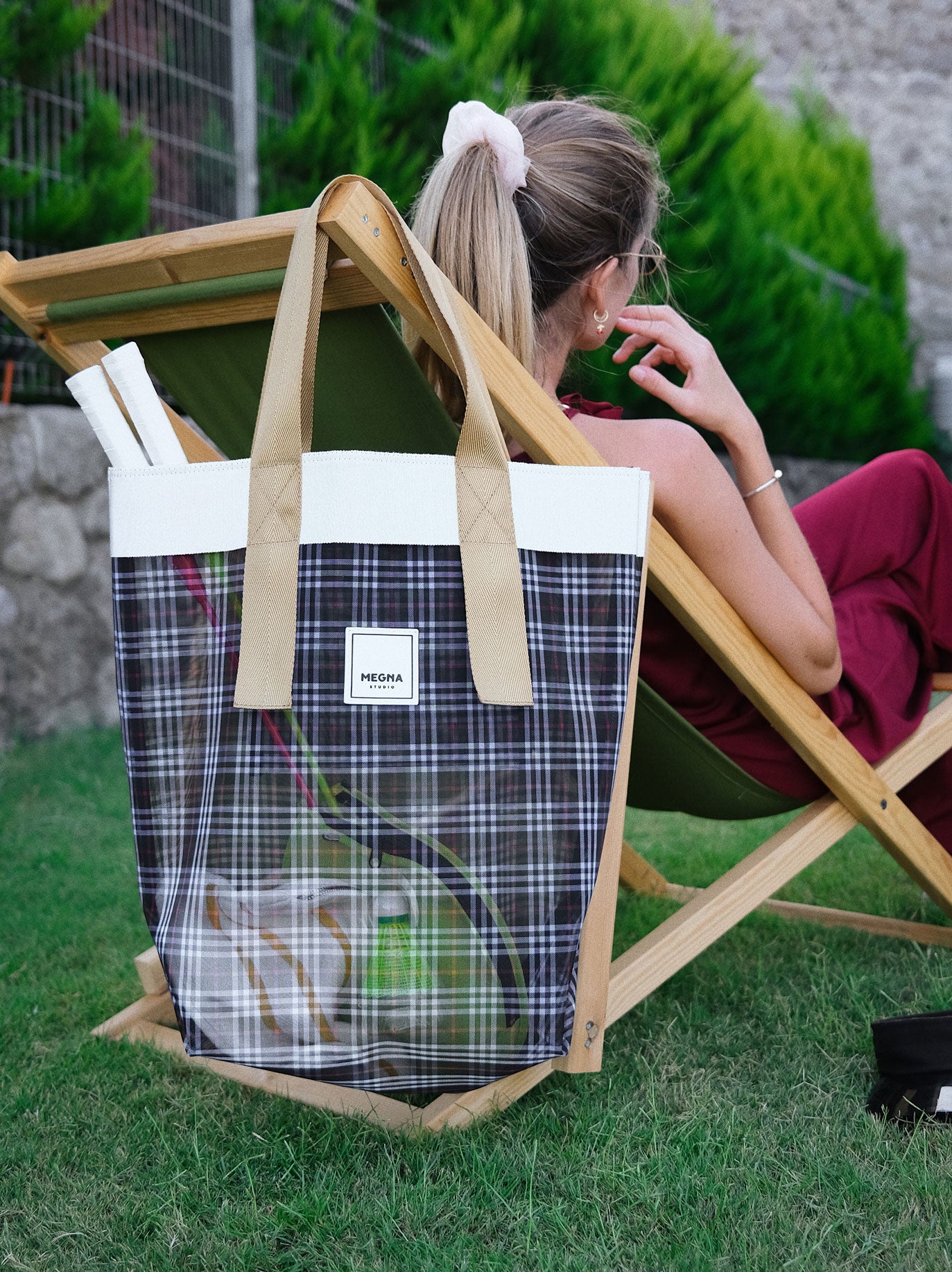 Grace Beach Bag • Vertical • White on Plaid