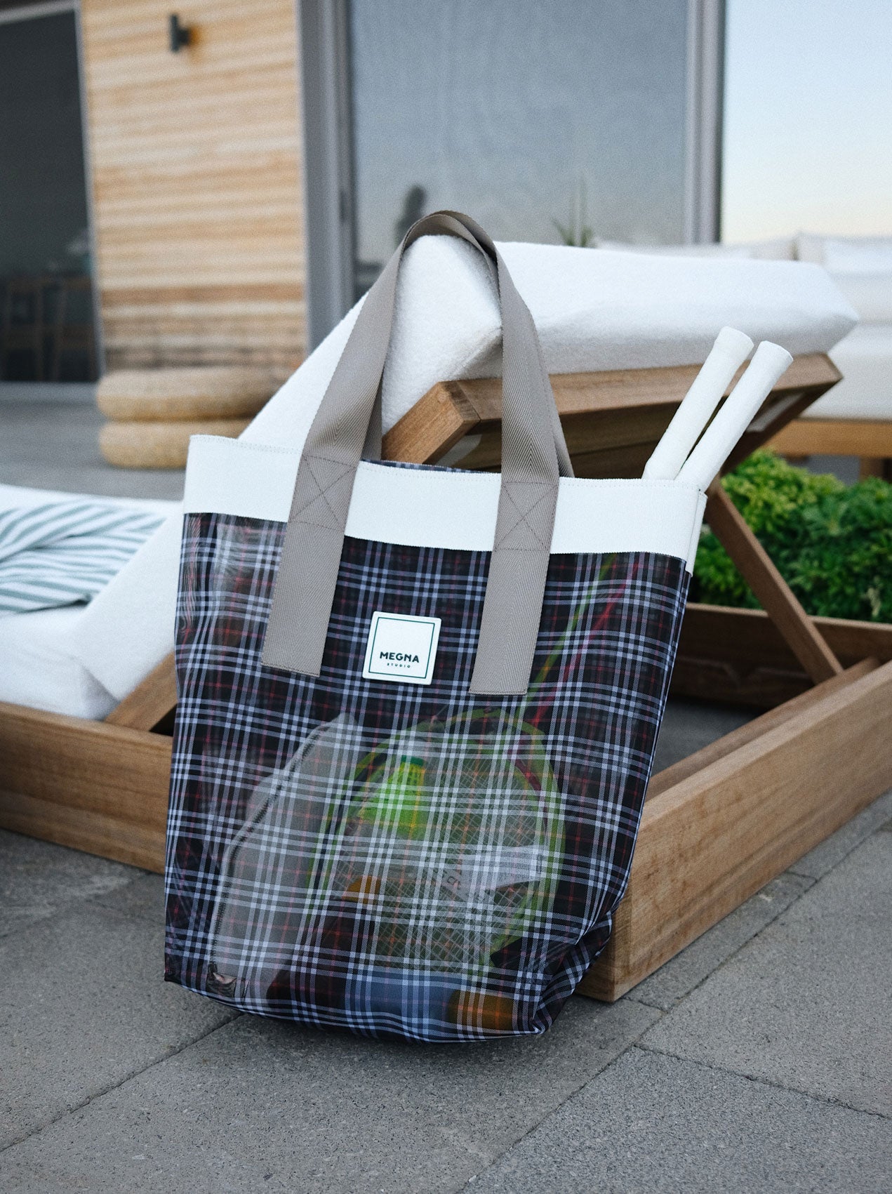 Grace Beach Bag • Vertical • White on Plaid