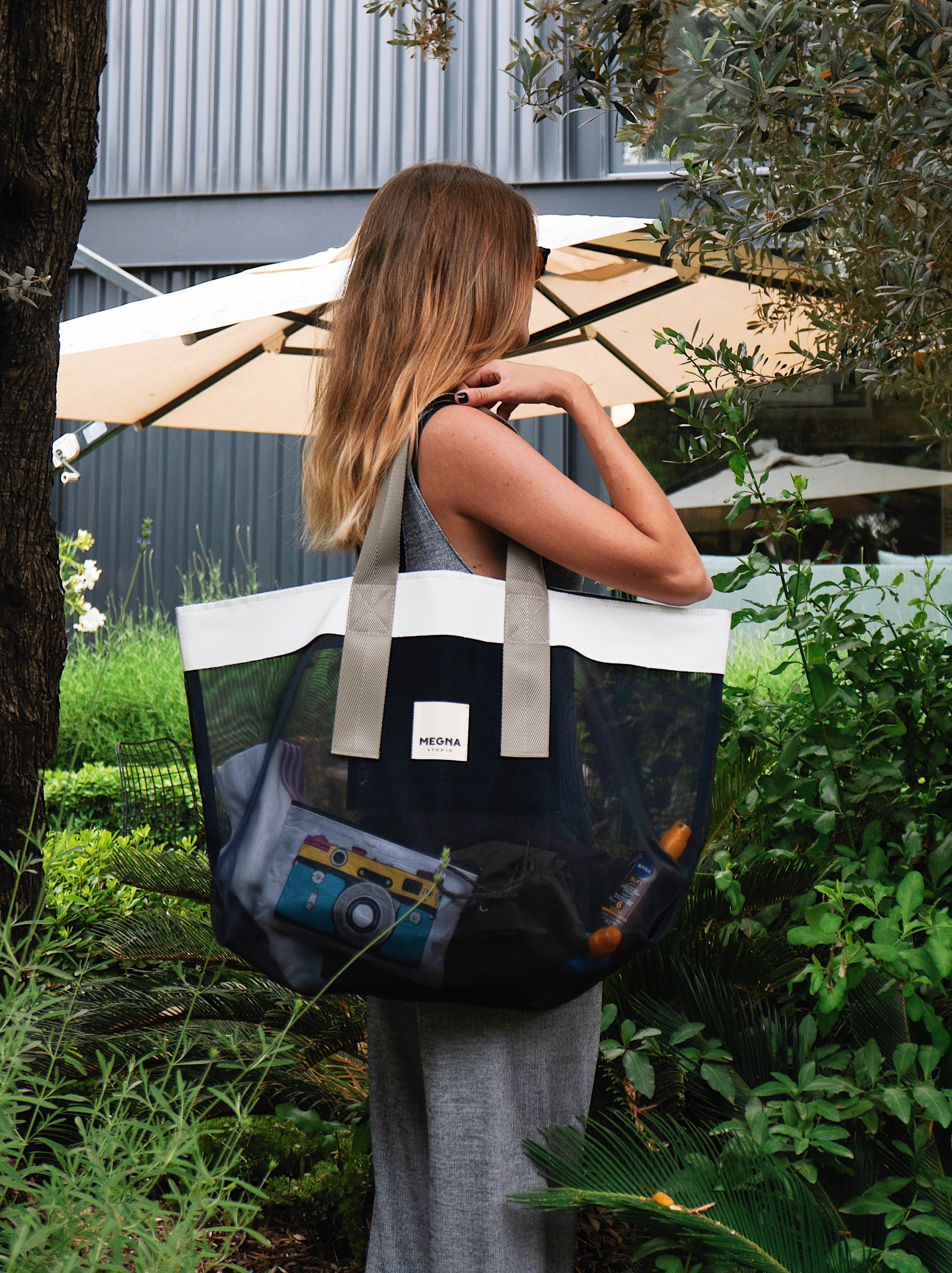 Grace Beach Bag • Horizontal • White on Blue